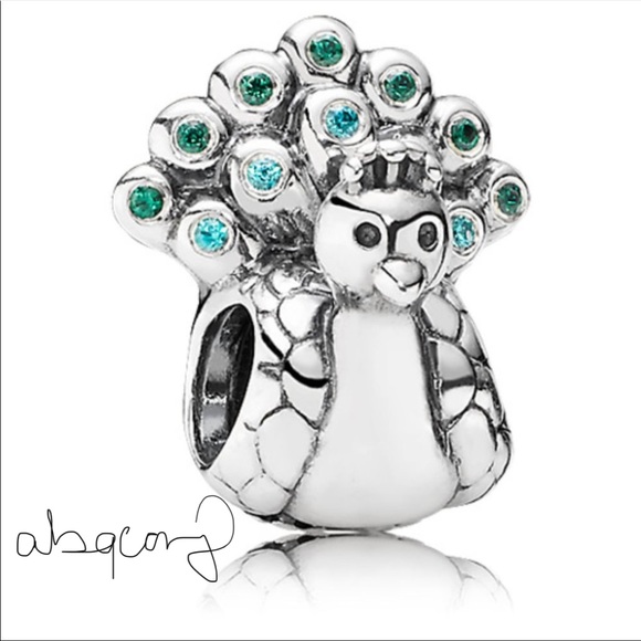 EUC Pandora 791227MCZ Sterling Silver Peacock Animal Bead w/ Green & Aqua Zircon